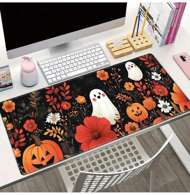Main image of Bks Halloween Large Mouse Pad 80x30cm Non-Slip Rubber Gaming Desk Mat with Flowers Pumpkins