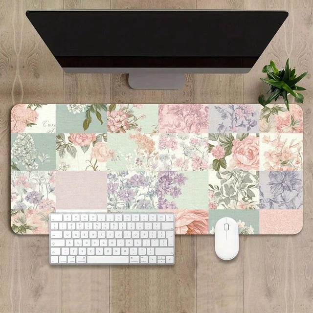 Alt view image 3 of 7 - Bks Pastel Pink & Mint Green Large Floral Desk Mat 60x35cm Non-Slip Rubber Base Soft Mouse Pad Keyboard Tray Cover For Office