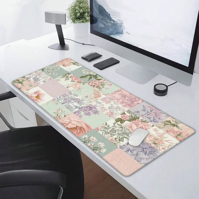 Alt view image 4 of 7 - Bks Pastel Pink & Mint Green Large Floral Desk Mat 60x35cm Non-Slip Rubber Base Soft Mouse Pad Keyboard Tray Cover For Office