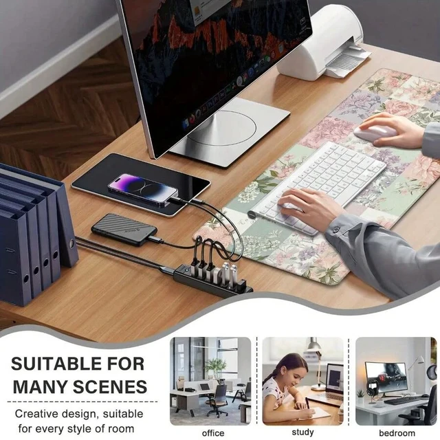 Alt view image 7 of 7 - Bks Pastel Pink & Mint Green Large Floral Desk Mat 60x35cm Non-Slip Rubber Base Soft Mouse Pad Keyboard Tray Cover For Office