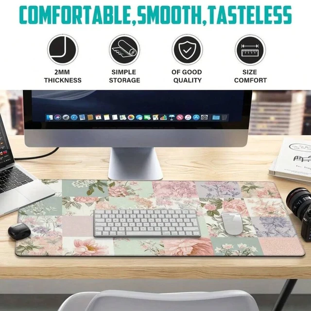 Alt view image 6 of 7 - Bks Pastel Pink & Mint Green Large Floral Desk Mat 60x35cm Non-Slip Rubber Base Soft Mouse Pad Keyboard Tray Cover For Office