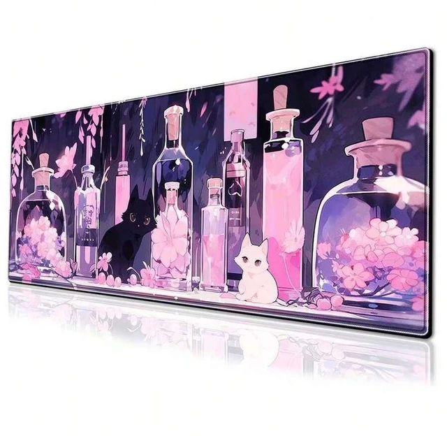 Main image of Bks Large Anime Cat Gaming Mouse Pad Pink Kawaii Desk Mat Non-Slip Rubber Base Stitched Edges For Office