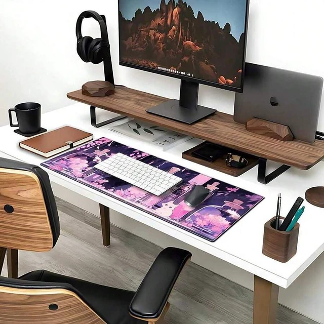 Alt view image 4 of 6 - Bks Large Anime Cat Gaming Mouse Pad Pink Kawaii Desk Mat Non-Slip Rubber Base Stitched Edges For Office