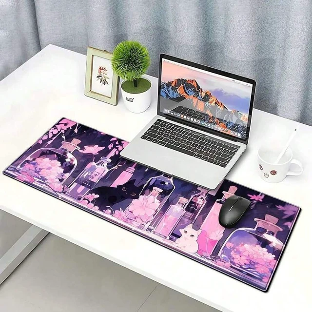 Alt view image 5 of 6 - Bks Large Anime Cat Gaming Mouse Pad Pink Kawaii Desk Mat Non-Slip Rubber Base Stitched Edges For Office