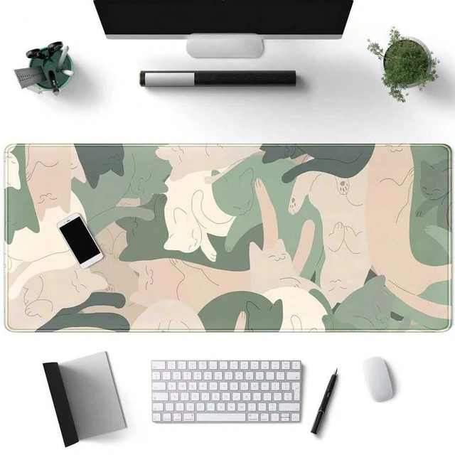 Main image of Bks Large Cat Desk Mat Mouse Pad Stitched Edges for Laptop Gaming Keyboard Office Decor Green