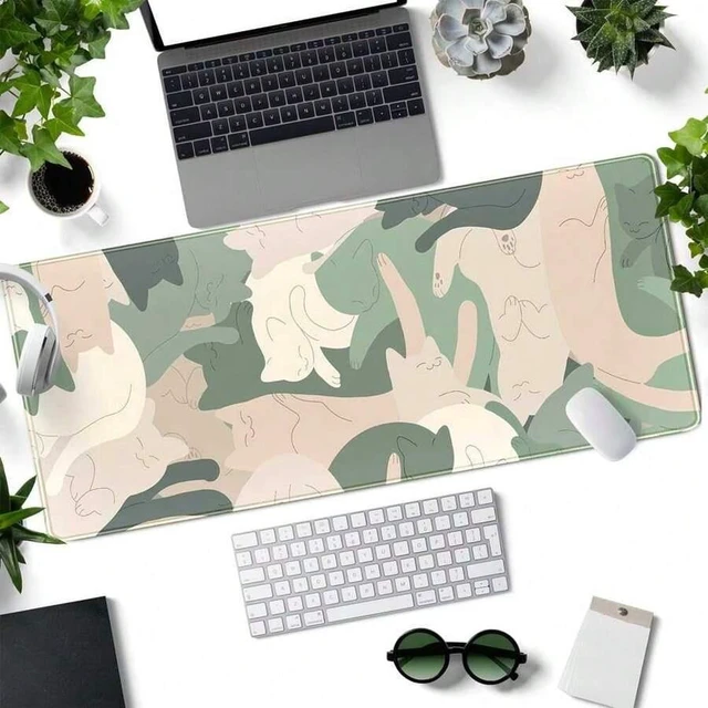 Alt view image 2 of 5 - Bks Large Cat Desk Mat Mouse Pad Stitched Edges for Laptop Gaming Keyboard Office Decor Green