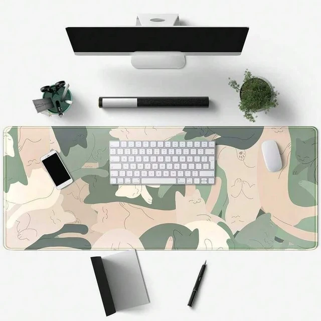 Alt view image 3 of 5 - Bks Large Cat Desk Mat Mouse Pad Stitched Edges for Laptop Gaming Keyboard Office Decor Green