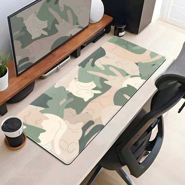 Alt view image 4 of 5 - Bks Large Cat Desk Mat Mouse Pad Stitched Edges for Laptop Gaming Keyboard Office Decor Green