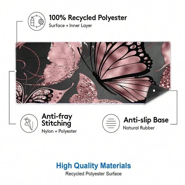 Alt view image 3 of 6 - Bks Large Rose Gold Glitter Butterfly Mouse Pad Non-Slip Rubber Base Stitched Edges for Gaming Office Desk Work