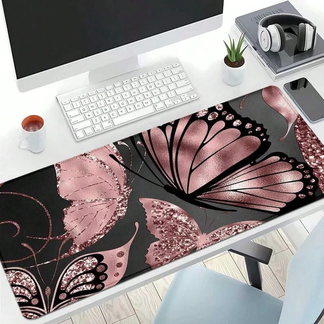 Alt view image 2 of 6 - Bks Large Rose Gold Glitter Butterfly Mouse Pad Non-Slip Rubber Base Stitched Edges for Gaming Office Desk Work