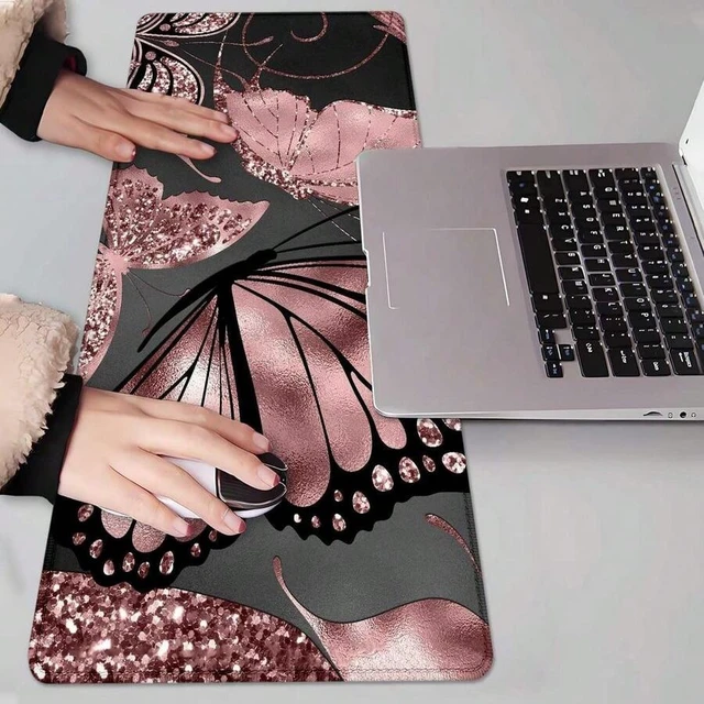 Alt view image 6 of 6 - Bks Large Rose Gold Glitter Butterfly Mouse Pad Non-Slip Rubber Base Stitched Edges for Gaming Office Desk Work