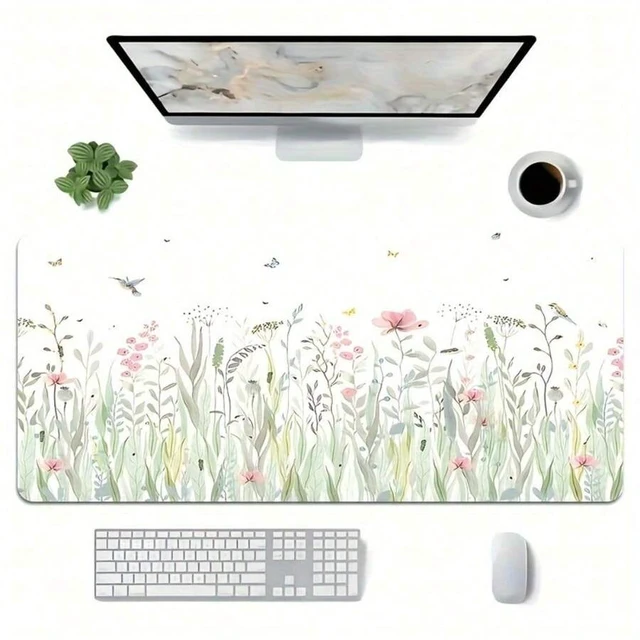 Alt view image 3 of 7 - Bks Floral Extended Gaming Mouse Pad, Non-Slip Rubber Base, Stitched Edges, Thick Large Computer Keyboard And Mouse Mat With High-Definition Botanical Design, Soft Waterproof Oblong Desk Pad For Work