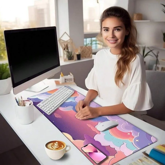 Alt view image 2 of 5 - Bks Purple Cloud Mouse Pad Large Desk Mat, Kawaii Stitched Edges Non-Slip, Keyboard Mouse Pad For Desktop Cute Office Supplies