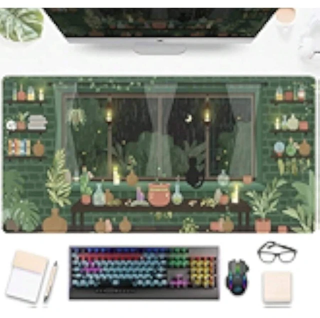 Main image of Bks Large Green Plants Anime Cat Desk Mat, XXL Gaming Mouse Pad with Moonlight Fireflies Design for Laptop Keyboard