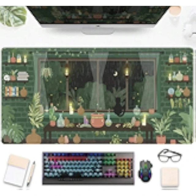 Alt view image 2 of 6 - Bks Large Green Plants Anime Cat Desk Mat, XXL Gaming Mouse Pad with Moonlight Fireflies Design for Laptop Keyboard