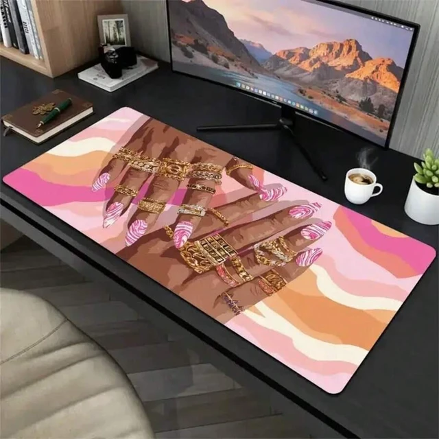 Main image of Bks Pink Nail Art Mouse Pad, 23.6x13.8 Inch, Bohemian Style Desktop Mat, Non-Slip Rubber Base for Salon and Fingertips