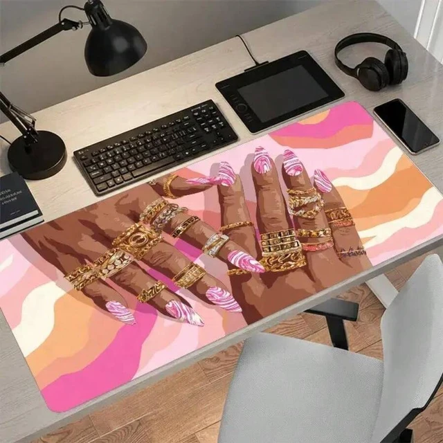 Alt view image 3 of 4 - Bks Pink Nail Art Mouse Pad, 23.6x13.8 Inch, Bohemian Style Desktop Mat, Non-Slip Rubber Base for Salon and Fingertips