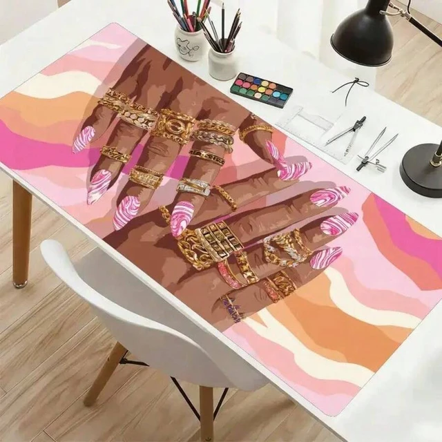 Alt view image 4 of 4 - Bks Pink Nail Art Mouse Pad, 23.6x13.8 Inch, Bohemian Style Desktop Mat, Non-Slip Rubber Base for Salon and Fingertips