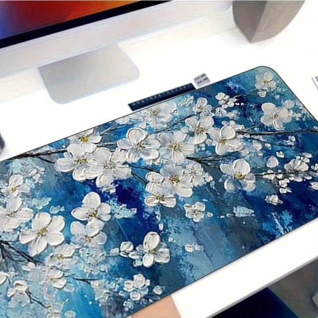 Alt view image 4 of 7 - Bks Blue White Floral 2D Flat Mouse Pad and Keyboard Mat, 23.6x13.8in Size, Polyester Fabric Rubber Base for PC Laptop Desktop Gaming