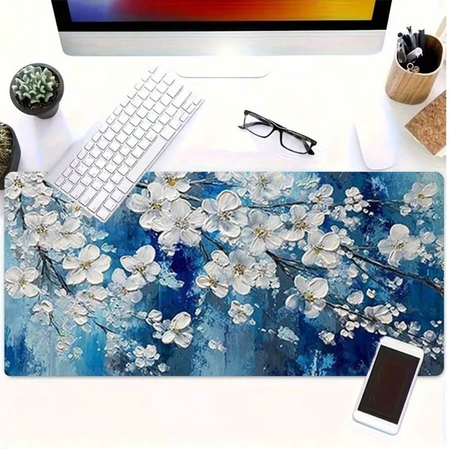 Alt view image 2 of 7 - Bks Blue White Floral 2D Flat Mouse Pad and Keyboard Mat, 23.6x13.8in Size, Polyester Fabric Rubber Base for PC Laptop Desktop Gaming