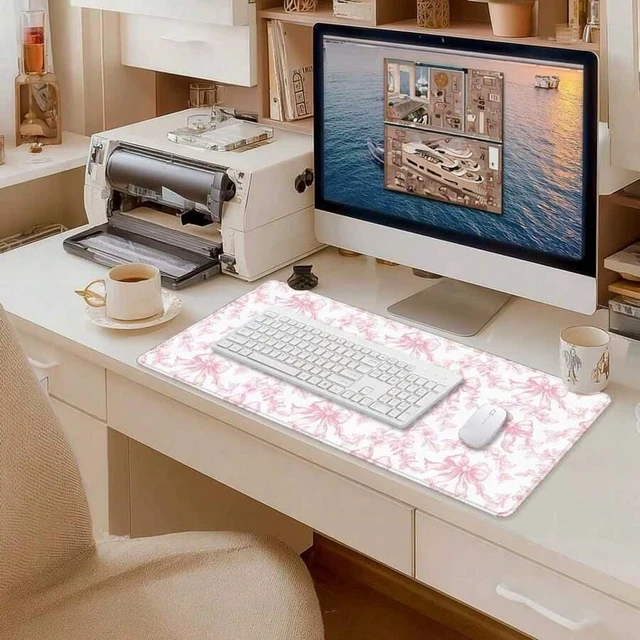 Alt view image 2 of 6 - Bks Pink Floral Large Mouse Pad, Girly Pink Bow Peony Flower Aesthetic Extended Computer Desk Mat For Keyboard And Mouse Preppy Accessories