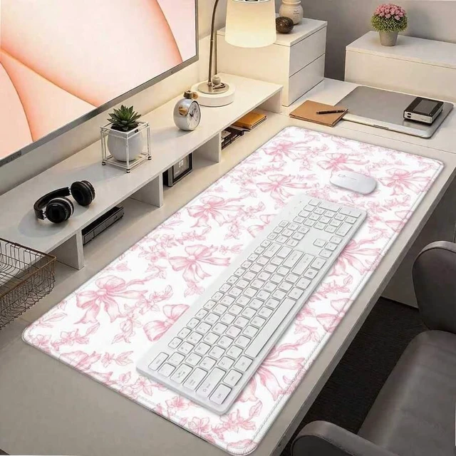 Alt view image 3 of 6 - Bks Pink Floral Large Mouse Pad, Girly Pink Bow Peony Flower Aesthetic Extended Computer Desk Mat For Keyboard And Mouse Preppy Accessories