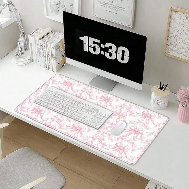 Alt view image 6 of 6 - Bks Pink Floral Large Mouse Pad, Girly Pink Bow Peony Flower Aesthetic Extended Computer Desk Mat For Keyboard And Mouse Preppy Accessories
