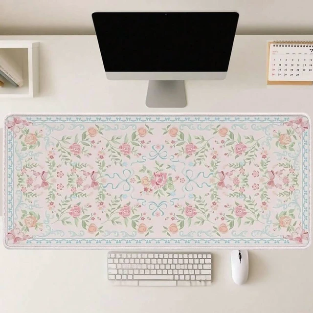 Main image of Bks Pink Floral Large Gaming Mouse Pad, Extended Desk Mat for Laptops Keyboards, Washable Polyester Surface with Rubber Base