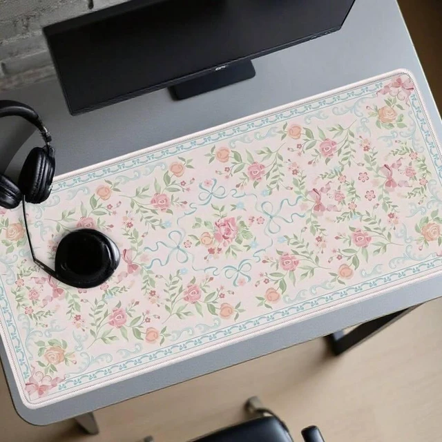 Alt view image 3 of 6 - Bks Pink Floral Large Gaming Mouse Pad, Extended Desk Mat for Laptops Keyboards, Washable Polyester Surface with Rubber Base