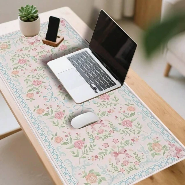 Alt view image 4 of 6 - Bks Pink Floral Large Gaming Mouse Pad, Extended Desk Mat for Laptops Keyboards, Washable Polyester Surface with Rubber Base