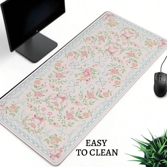 Alt view image 5 of 6 - Bks Pink Floral Large Gaming Mouse Pad, Extended Desk Mat for Laptops Keyboards, Washable Polyester Surface with Rubber Base