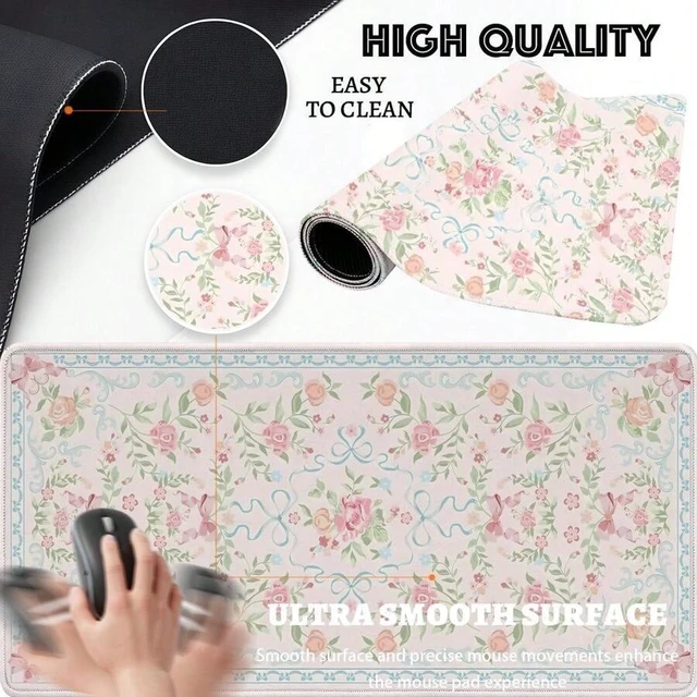 Alt view image 6 of 6 - Bks Pink Floral Large Gaming Mouse Pad, Extended Desk Mat for Laptops Keyboards, Washable Polyester Surface with Rubber Base