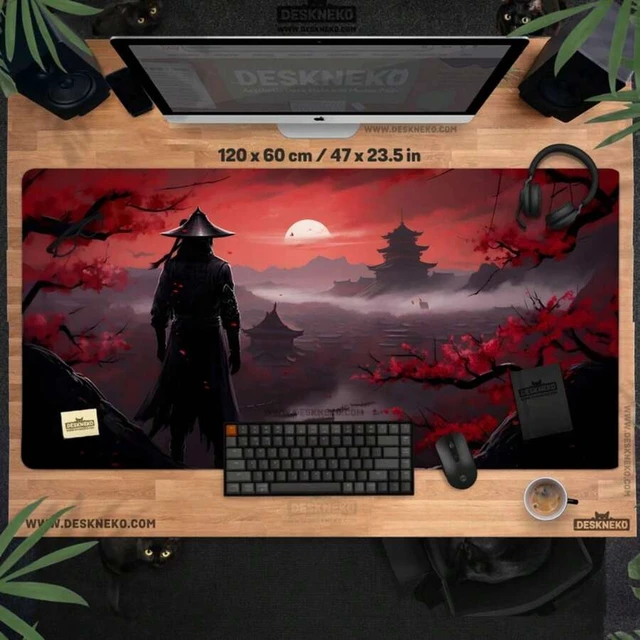 Alt view image 2 of 5 - Bks Red Samurai Desk Mat, Large Gaming Mousepad Led Rgb Oni Warrior Xl Keyboard Matt Dark Japan Oriental Art