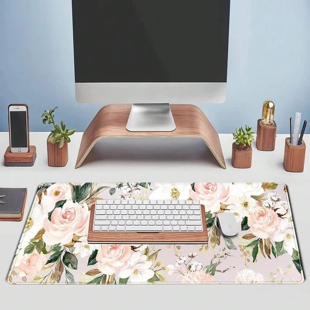 Alt view image 5 of 5 - Bks Floral Mouse Pad Large Pink Flowers Green Leaves Desk Mat Stitched Edge XL Computer Gaming Office Decor