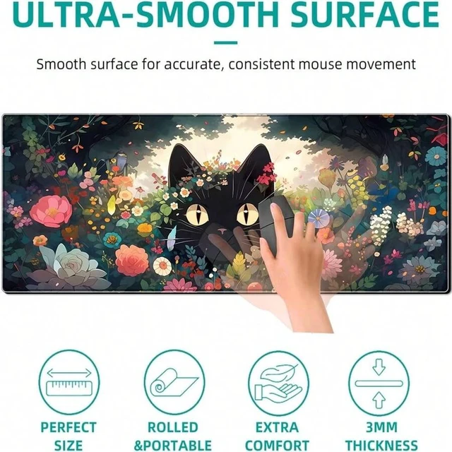 Alt view image 2 of 5 - Bks Black Cat Gaming Mouse Pad Colorful Flower Large Desk Mat Extended Non-Slip Rubber Base Keyboard Mat With Stitched Edges For Home Office