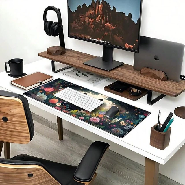 Alt view image 3 of 5 - Bks Black Cat Gaming Mouse Pad Colorful Flower Large Desk Mat Extended Non-Slip Rubber Base Keyboard Mat With Stitched Edges For Home Office