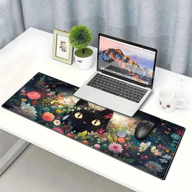 Alt view image 4 of 5 - Bks Black Cat Gaming Mouse Pad Colorful Flower Large Desk Mat Extended Non-Slip Rubber Base Keyboard Mat With Stitched Edges For Home Office