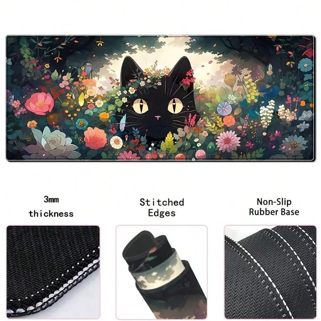 Alt view image 5 of 5 - Bks Black Cat Gaming Mouse Pad Colorful Flower Large Desk Mat Extended Non-Slip Rubber Base Keyboard Mat With Stitched Edges For Home Office