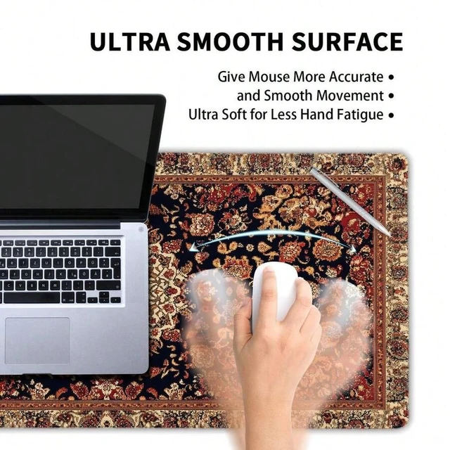 Alt view image 3 of 6 - Bks Vintage Rug Gaming Mouse Pad XL Dark Brown Retro Carpet Aesthetic Extended Large Mat Non-Slip Rubber Base Stitched Edge Flower Keyboard Playmat For Computer