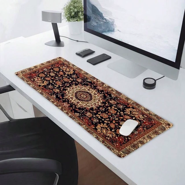 Alt view image 4 of 6 - Bks Vintage Rug Gaming Mouse Pad XL Dark Brown Retro Carpet Aesthetic Extended Large Mat Non-Slip Rubber Base Stitched Edge Flower Keyboard Playmat For Computer