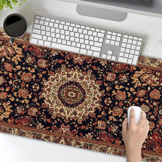 Alt view image 6 of 6 - Bks Vintage Rug Gaming Mouse Pad XL Dark Brown Retro Carpet Aesthetic Extended Large Mat Non-Slip Rubber Base Stitched Edge Flower Keyboard Playmat For Computer