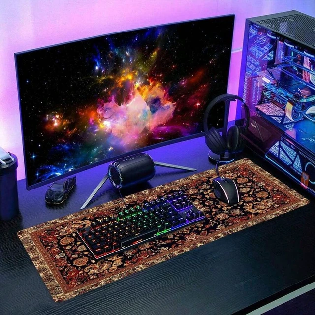 Alt view image 5 of 6 - Bks Vintage Rug Gaming Mouse Pad XL Dark Brown Retro Carpet Aesthetic Extended Large Mat Non-Slip Rubber Base Stitched Edge Flower Keyboard Playmat For Computer