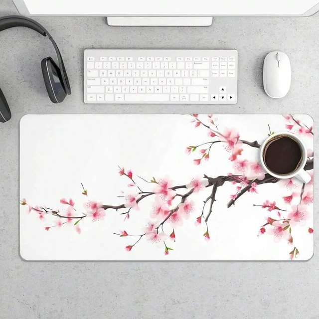 Main image of Bks Extended XL Mouse Pad White Cherry Blossom Design Non-Slip Gaming Desk Mat for Computer Laptop