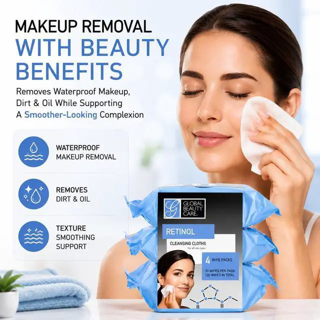 Alt view image 4 of 7 - Retinol Makeup Remover Wipes with Collagen Renewing Support - Facial Cleansing Cloths, Remove Waterproof Mascara, Oil & Dirt, Texture Smoothing, All Skin Types, 120 Count (4-Pack)
