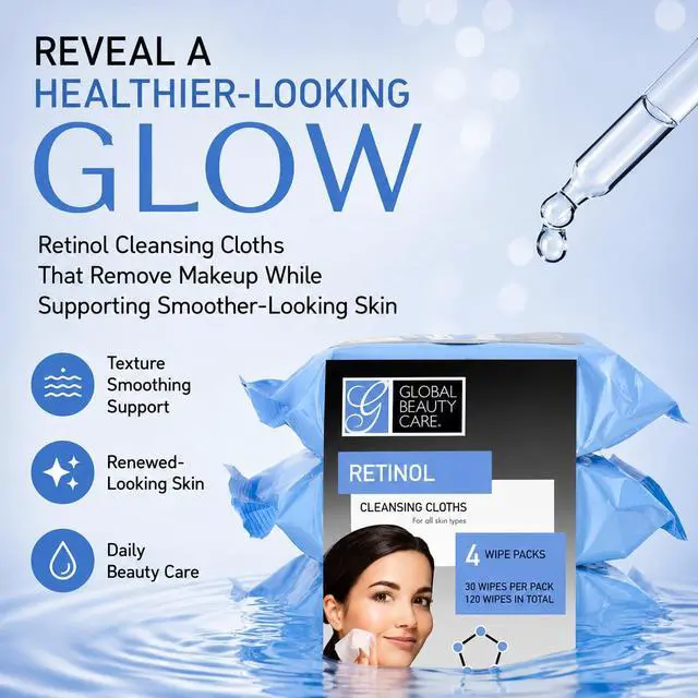 Alt view image 2 of 7 - Retinol Makeup Remover Wipes with Collagen Renewing Support - Facial Cleansing Cloths, Remove Waterproof Mascara, Oil & Dirt, Texture Smoothing, All Skin Types, 120 Count (4-Pack)