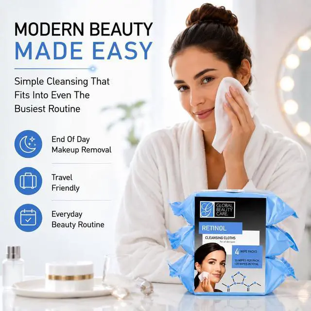 Alt view image 6 of 7 - Retinol Makeup Remover Wipes with Collagen Renewing Support - Facial Cleansing Cloths, Remove Waterproof Mascara, Oil & Dirt, Texture Smoothing, All Skin Types, 120 Count (4-Pack)