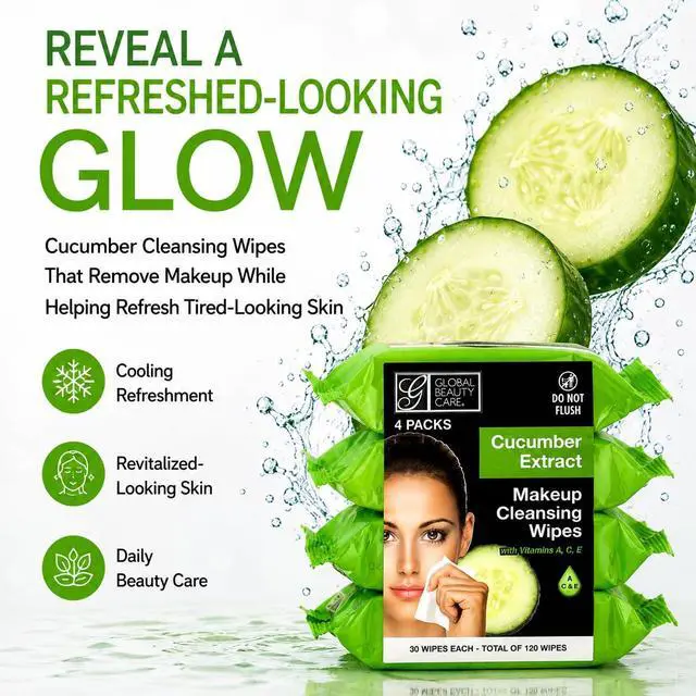 Alt view image 2 of 7 - Cucumber Makeup Remover Wipes with Vitamins A C E For Cooling Skin Support - Facial Cleansing Towelettes Remove Waterproof Mascara, Oil & Dirt, All Skin Types 120 Count (4-Pack)