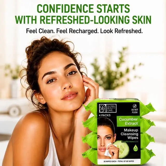 Alt view image 3 of 7 - Cucumber Makeup Remover Wipes with Vitamins A C E For Cooling Skin Support - Facial Cleansing Towelettes Remove Waterproof Mascara, Oil & Dirt, All Skin Types 120 Count (4-Pack)