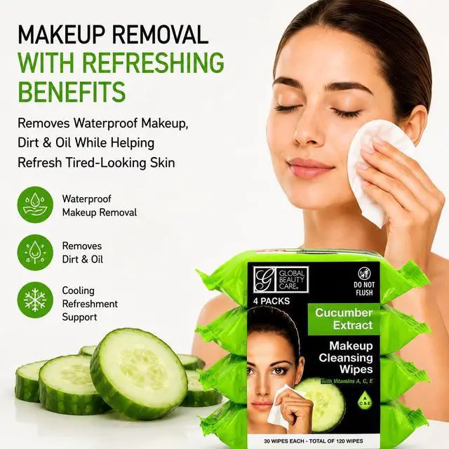 Alt view image 4 of 7 - Cucumber Makeup Remover Wipes with Vitamins A C E For Cooling Skin Support - Facial Cleansing Towelettes Remove Waterproof Mascara, Oil & Dirt, All Skin Types 120 Count (4-Pack)