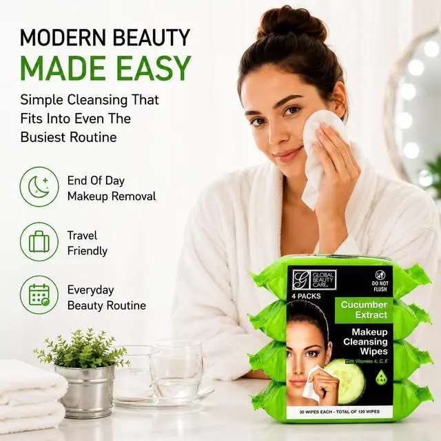 Alt view image 6 of 7 - Cucumber Makeup Remover Wipes with Vitamins A C E For Cooling Skin Support - Facial Cleansing Towelettes Remove Waterproof Mascara, Oil & Dirt, All Skin Types 120 Count (4-Pack)